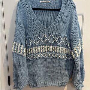 Altar'd State Light Blue V-Neck Sweater with Cream Stitching